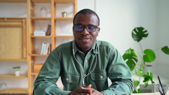 African Black Business Man Looking at Camera Webcam Making Conference Video Call Spbas