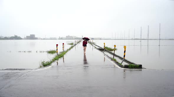 Woman walking along wet road on rainy day