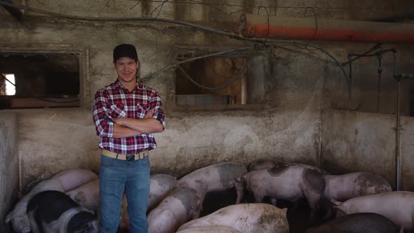 A Farmer is Standing Near the Pigs