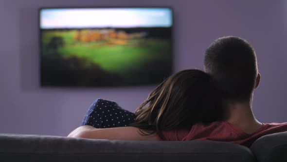 Back View of Couple Watching Plazma TV at Night