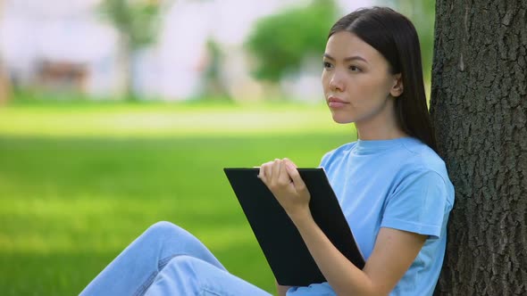 Creative Female Artist Drawing Outdoors, University Student Working Project