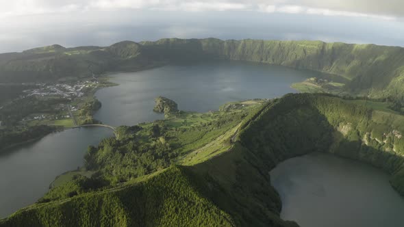 Aerial view of Lagoa Azul lake on San Miguel Island archipelagos.