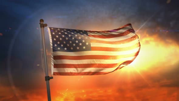 America USA Flag Backlit At Beautiful Sunrise Loop Slow Motion