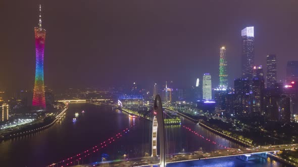 Liede Bridge and Guangzhou Cityscape at Night. Aerial View