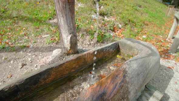 Water Runs From Standpipe Pump Into Wooden Trough in Park