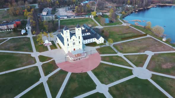 Majestic Aglona Cathedral in Latvia. White Chatolic Church Basilica. Aerial Dron 4K Shot