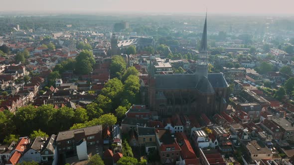 Gouwekerk, Sint-Jozefkerk Gothic Revival Cruciform Church In Gouda City, Netherlands. - aerial