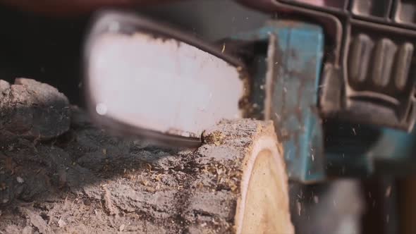 Man Is Sawing a Wood with an Electrical Chainsaw at Carpentry, Slow Motion