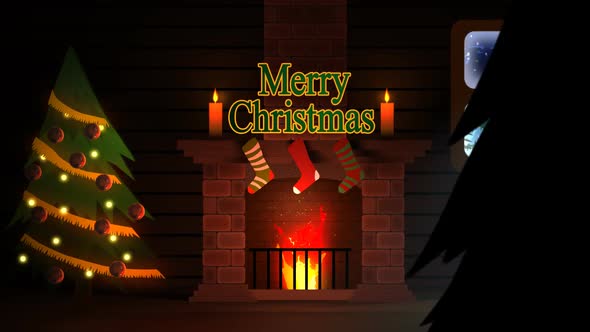 Happy holidays! Warm room in the wooden cottage with the chimney and fireplace.