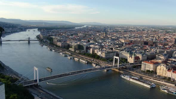 Flight next to Liberty Statue towards Danube river in Budapest, Hungary