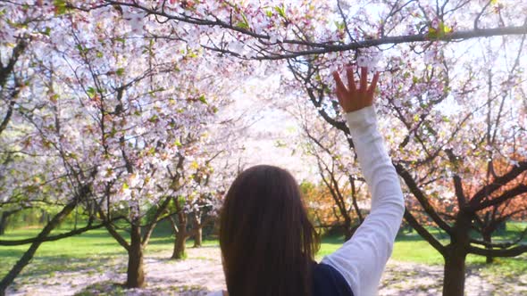 Young woman with long hair enjoys spring garden in bloom. Girl walking in Japanese Garden