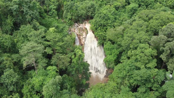 Waterfall during Rainy Season in the Middle of Pristine Lush Green Jungle Rainforest