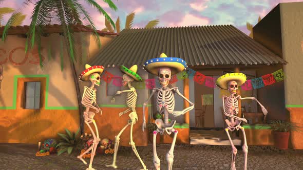 Skeletons dancing salsa in a mexican village