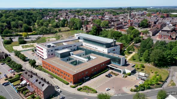 Aerial footage of the Pontefract Hospital located in the village Pontefract in Wakefield in the UK