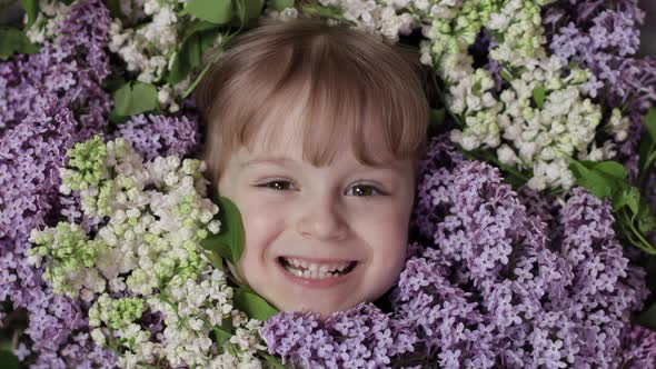 Cute Girl Child Looking From Bunch Bouquet of Lilac Flowers Around Her Face