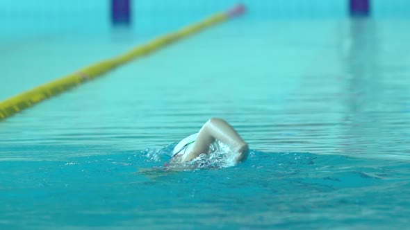 Professional Swimmer Practicing in Water Swimming Pool.