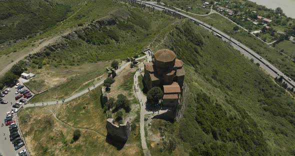 Topdown View Of Georgian Orthodox Monastery Of Jvari Near Mtskheta, Eastern Georgia. Aerial Orbiting