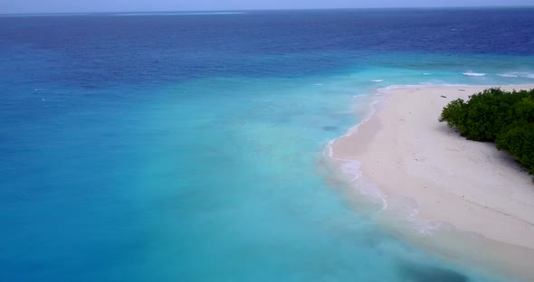 Tropical birds eye clean view of a sandy white paradise beach and aqua turquoise water background in