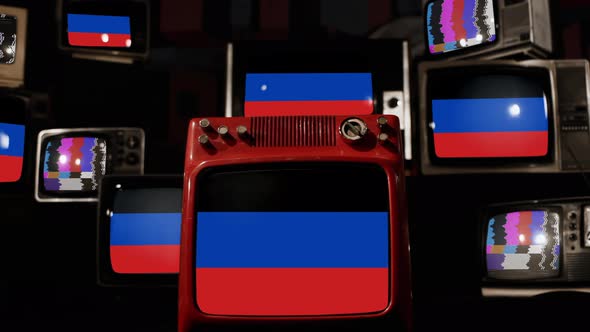 Republic Of Donetsk Flag on Retro TVs. 4K.