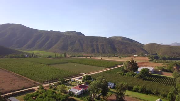 Aerial travel drone view of farms and farming.