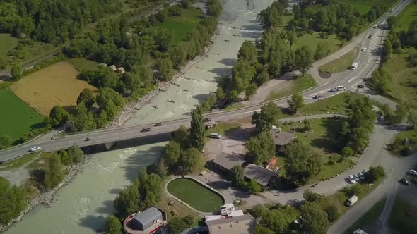 droneshot of the river in Chateroux Des Alpes