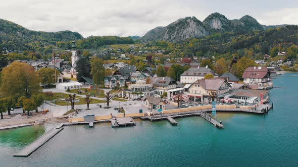 Scenic Aerial View of Mountain Village and Lake, Wolfgangsee, Salzburg, Austria, Alps