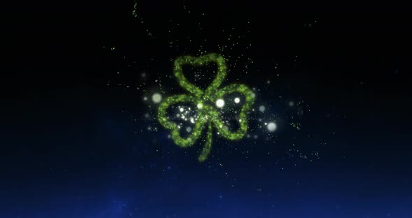 Animation of green fireworks exploding with glowing green shamrock leaf on sky