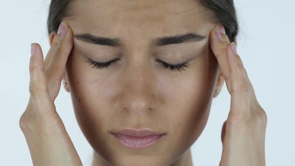 Headache, Close up of Tense Girl, White Background in Studio