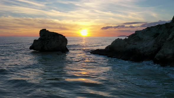 Sunset on the Sea on the Island of Sicily. Aerial View