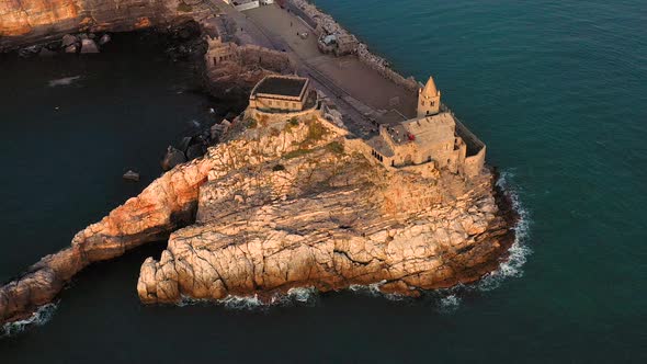 Aerial View Around The Church Of San Pietro In Portovenere During Sunset 