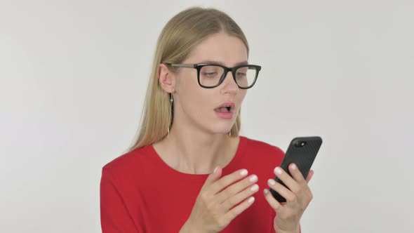 Young Woman Loss on Smartphone on White Background