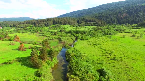 Aerial view of Jesenica river and surrounding in Croatian region Lika.