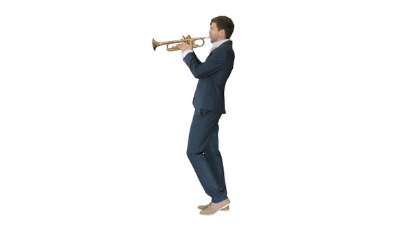 Musician in a suit playing a trumpet on white background.