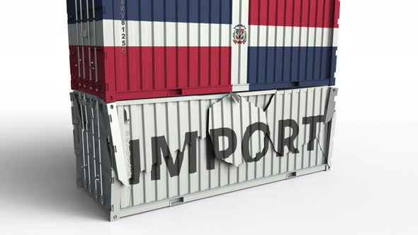 Container with Flag of the Dominican Republic Breaks Container with IMPORT Text