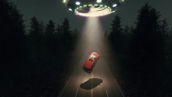 UFO Red Car Countryside Landscape Night