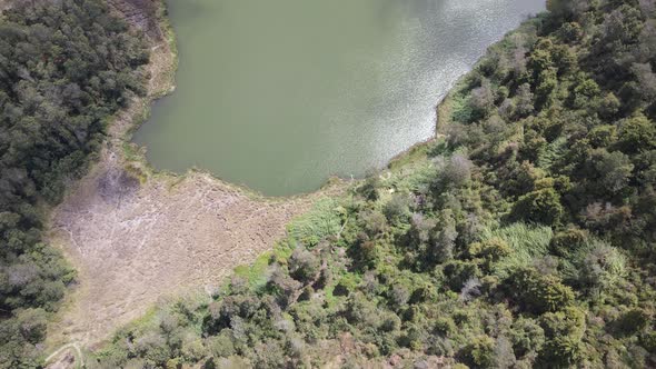 Aerial view of Telaga Warna lake in Dieng Wonosobo, Indonesia