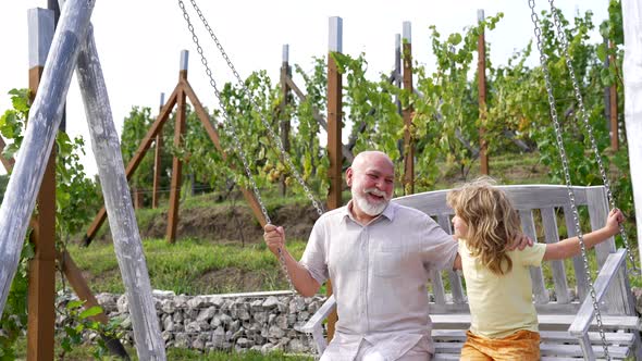 Happy Family of Grandchild Boy and Grandfather Have Fun Swinging Together in Backyard Swing