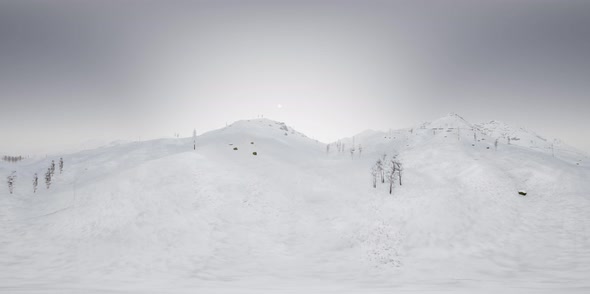 VR 360 Camera Moving Above Snow Rocky Mountains