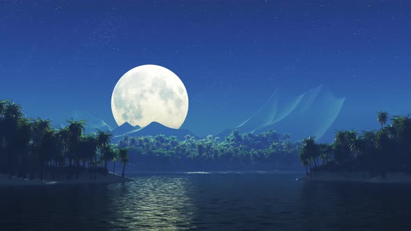 Animation of the full moon over a tropical island with the mountains background.
