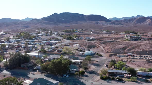 Trailers and small houses in the desert, border of Nevada and California. Beatty, NV. Aerial shot