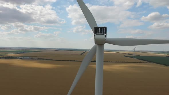 Wind the Propeller Generating Electricity From Wind Rear View, Aerial Survey, Close Up