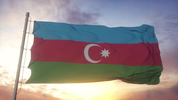 Flag of Azerbaijan Waving in the Wind Sky and Sun Background