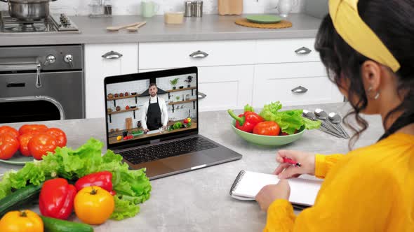Chef Food Blogger in Laptop Screen Greets Tells Recipe Dish Teaches Housewife