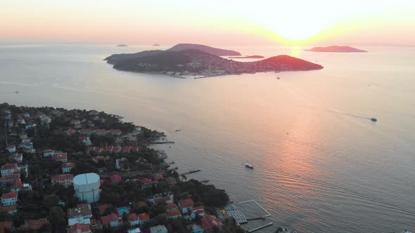 4k Aerial view sunset over the islands and sea in Istanbul