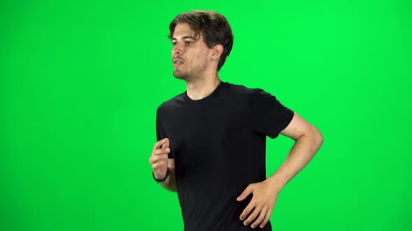 Brunette Man Is Running, Chroma Key. Slow Motion