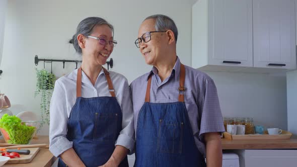 Portrait of senior elderly grandparents couple wear apron smiling, look at camera in kitchen.