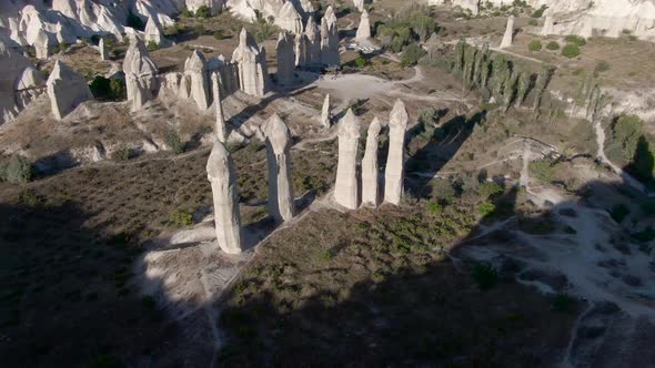 Flying over rock formations at Love Valley, Cappadocia, Turkey