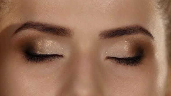 Eye Makeup Woman Applying Eyeshadow Powder, Beautiful Woman Face, Closeup