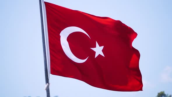 Real Turkish Flag Weaving on the Wind. Slow Motion