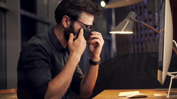 Businessman Wearing Face Mask.Man In Face Mask Working In Office.Protection Epidemic Coronavirus